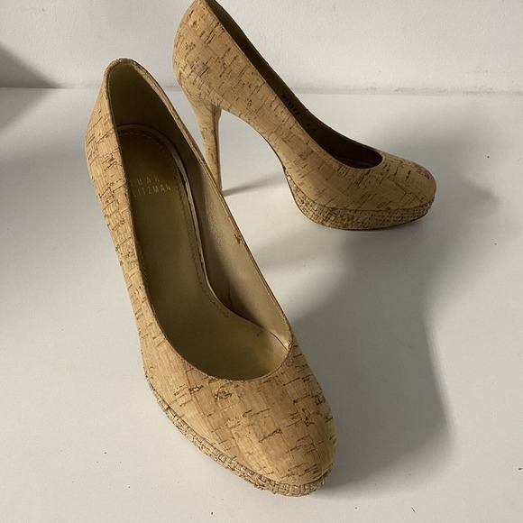 Stuart Weitzman Pump Cork Raffia Natural Beige Platform Round Toe Slim H… - Picture 9 of 10
